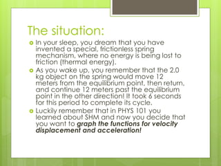 The situation:
 In your sleep, you dream that you have
invented a special, frictionless spring
mechanism, where no energy is being lost to
friction (thermal energy).
 As you wake up, you remember that the 2.0
kg object on the spring would move 12
meters from the equilibrium point, then return,
and continue 12 meters past the equilibrium
point in the other direction! It took 6 seconds
for this period to complete its cycle.
 Luckily remember that in PHYS 101 you
learned about SHM and now you decide that
you want to graph the functions for velocity
displacement and acceleration!
 