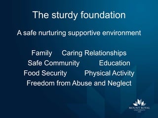 The sturdy foundation
A safe nurturing supportive environment
Family Caring Relationships
Safe Community
Education
Food Security
Physical Activity
Freedom from Abuse and Neglect

 