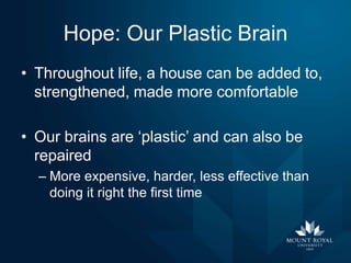 Hope: Our Plastic Brain
• Throughout life, a house can be added to,
strengthened, made more comfortable
• Our brains are ‘plastic’ and can also be
repaired
– More expensive, harder, less effective than
doing it right the first time

 