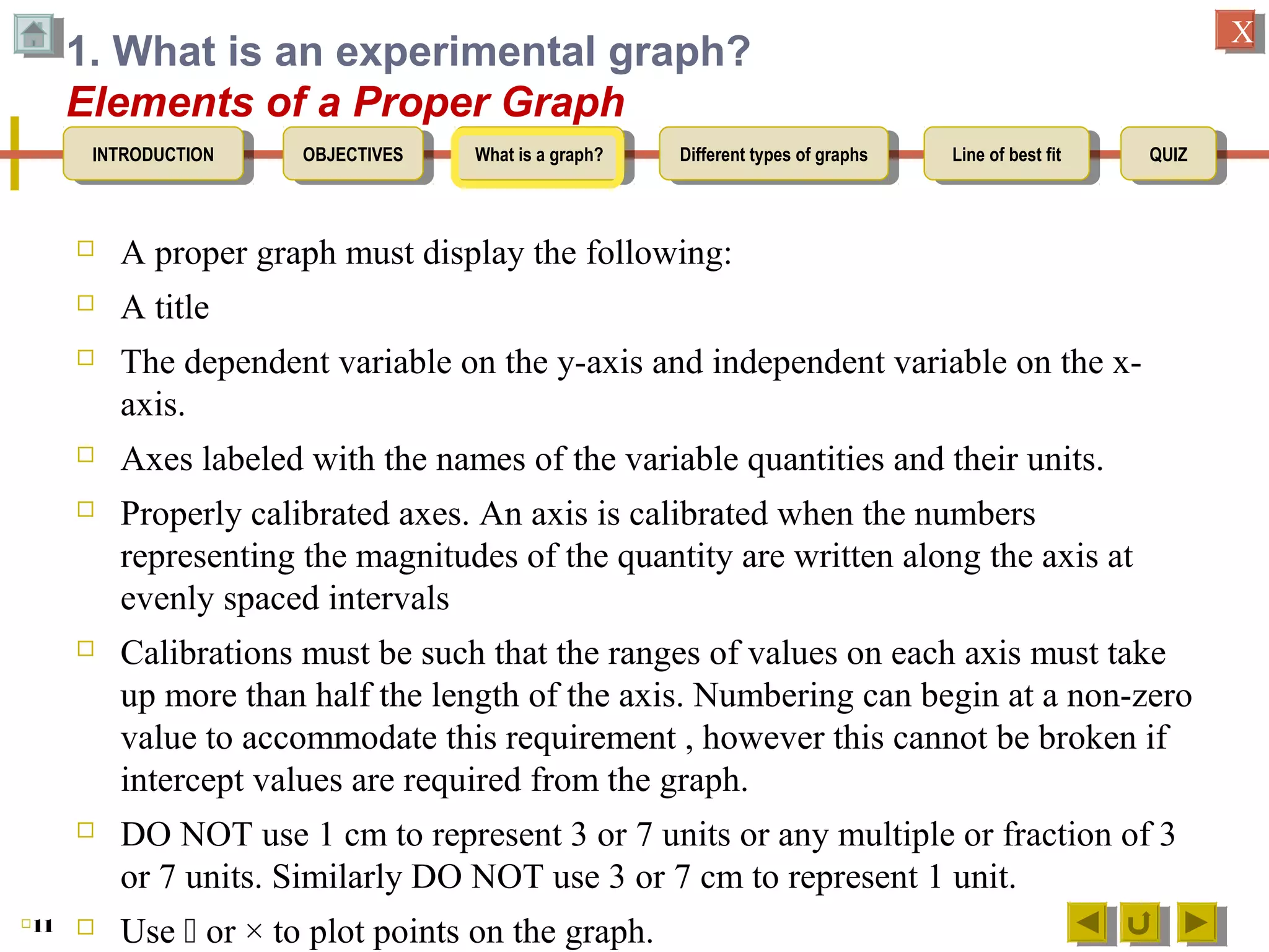 OBJECTIVESOBJECTIVES What is a graph?What is a graph? Different types of graphsDifferent types of graphs Line of best fitLine of best fit QUIZQUIZINTRODUCTIONINTRODUCTION
XX
1. What is an experimental graph?
Elements of a Proper Graph
 A proper graph must display the following:
 A title
 The dependent variable on the y-axis and independent variable on the x-
axis.
 Axes labeled with the names of the variable quantities and their units.
 Properly calibrated axes. An axis is calibrated when the numbers
representing the magnitudes of the quantity are written along the axis at
evenly spaced intervals
 Calibrations must be such that the ranges of values on each axis must take
up more than half the length of the axis. Numbering can begin at a non-zero
value to accommodate this requirement , however this cannot be broken if
intercept values are required from the graph.
 DO NOT use 1 cm to represent 3 or 7 units or any multiple or fraction of 3
or 7 units. Similarly DO NOT use 3 or 7 cm to represent 1 unit.
 Use  or × to plot points on the graph.11
 