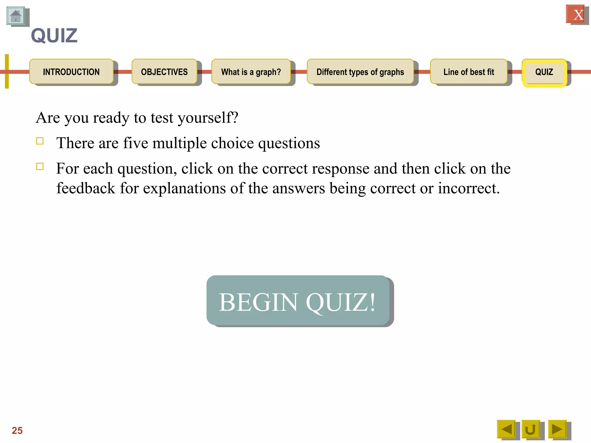OBJECTIVESOBJECTIVES What is a graph?What is a graph? Different types of graphsDifferent types of graphs Line of best fitLine of best fit QUIZQUIZINTRODUCTIONINTRODUCTION
XX
QUIZ
Are you ready to test yourself?
 There are five multiple choice questions
 For each question, click on the correct response and then click on the
feedback for explanations of the answers being correct or incorrect.
25
BEGIN QUIZ!BEGIN QUIZ!
 