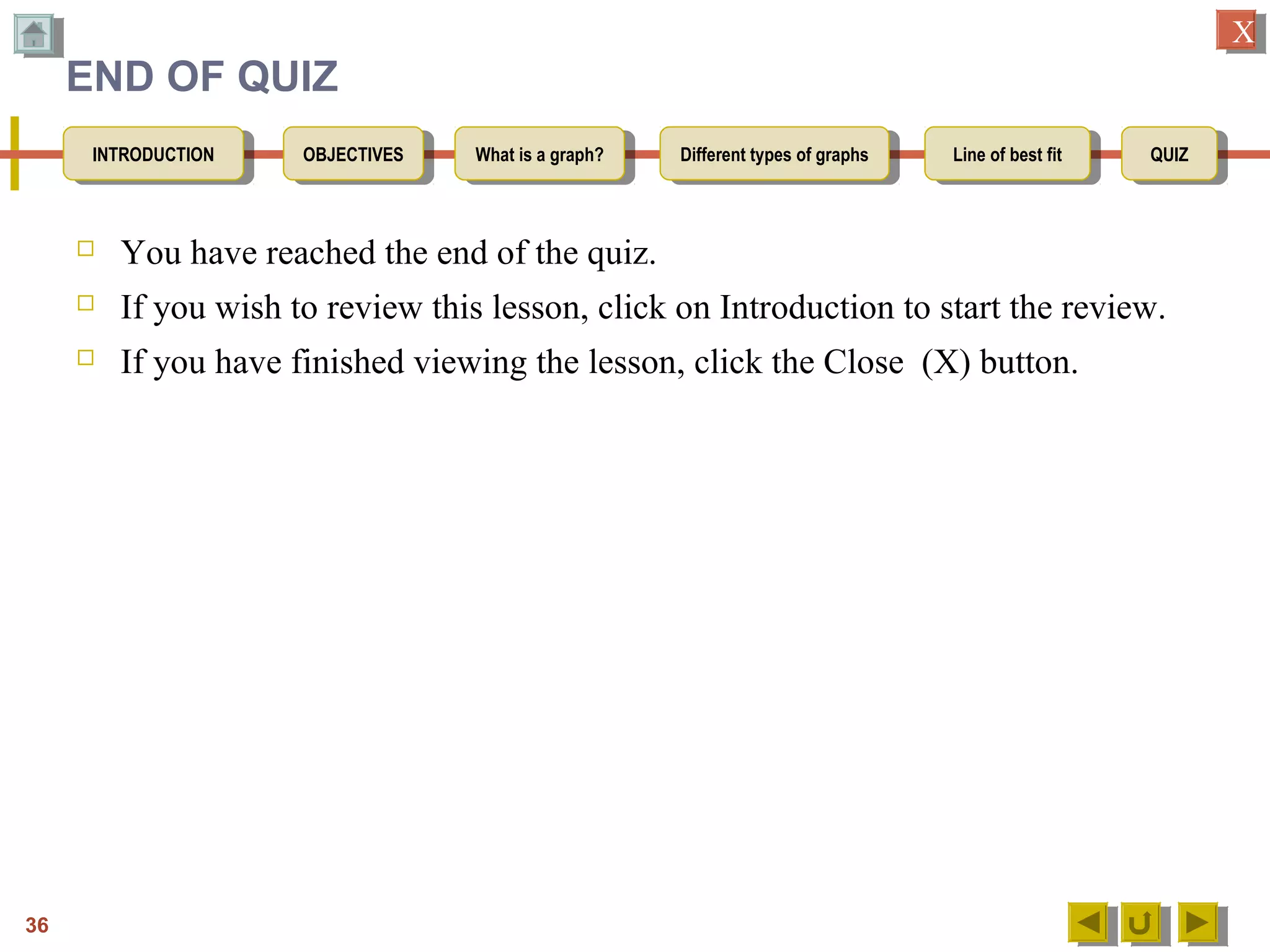 OBJECTIVESOBJECTIVES What is a graph?What is a graph? Different types of graphsDifferent types of graphs Line of best fitLine of best fit QUIZQUIZINTRODUCTIONINTRODUCTION
XX
END OF QUIZ
 You have reached the end of the quiz.
 If you wish to review this lesson, click on Introduction to start the review.
 If you have finished viewing the lesson, click the Close (X) button.
36
 
