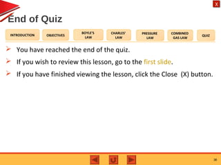 OBJECTIVES
BOYLE’S
LAW
CHARLES’
LAW
PRESSURE
LAW
COMBINED
GAS LAW
QUIZINTRODUCTION
X
End of Quiz
 You have reached the end of the quiz.
 If you wish to review this lesson, go to the first slide.
 If you have finished viewing the lesson, click the Close (X) button.
36
 