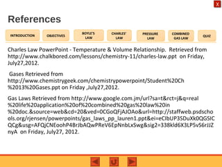 OBJECTIVES
BOYLE’S
LAW
CHARLES’
LAW
PRESSURE
LAW
COMBINED
GAS LAW
QUIZINTRODUCTION
X
References
Charles Law PowerPoint - Temperature & Volume Relationship. Retrieved from
http://www.chalkbored.com/lessons/chemistry-11/charles-law.ppt on Friday,
July27,2012.
Gases Retrieved from
http://www.chemistrygeek.com/chemistrypowerpoint/Student%20Ch
%2013%20Gases.ppt on Friday ,July27,2012.
Gas Laws Retrieved from http://www.google.com.jm/url?sa=t&rct=j&q=real
%20life%20application%20of%20combined%20gas%20law%20in
%20doc.&source=web&cd=20&ved=0CGoQFjAJOAo&url=http://staffweb.psdscho
ols.org/rjensen/powerpoints/gas_laws_pp_lauren1.ppt&ei=eCIbUP3SDuXk0QGSIC
QCg&usg=AFQjCNEoohP4BrJbAQwPReV6EpNnbLxSwg&sig2=338kld6X3LP5vS6rJJZ
nyA on Friday, July27, 2012.
 