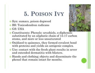5. POISON IVY
Syn: sumacs, poison dogweed
BS: Toxicodendron radicans
GS: USA
Constituents: Phenols: urushiols, o-diphenols
substituted by an aliphatic chain of 15-17 carbon
atoms, and more or less unsaturated
Oxidized to quinones, they formed covalent bond
with proteins and yields an antigenic complex.
Use: contact with the fresh plant results in sever
and extended dermatitis with blisters.
Hands and clothing; objects and disseminate the
phenol that remain intact for months.
 