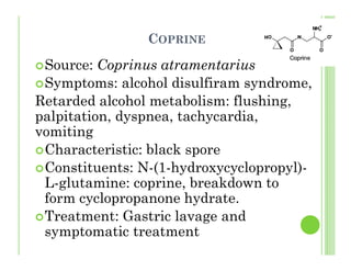 COPRINE
Source: Coprinus atramentarius
Symptoms: alcohol disulfiram syndrome,
Retarded alcohol metabolism: flushing,
palpitation, dyspnea, tachycardia,
vomiting
Characteristic: black spore
Constituents: N-(1-hydroxycyclopropyl)-
L-glutamine: coprine, breakdown to
form cyclopropanone hydrate.
Treatment: Gastric lavage and
symptomatic treatment
 
