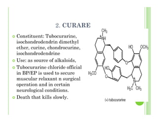 2. CURARE
Constituent: Tubocurarine,
isochondrodendrin dimethyl
ether, curine, chondrocurine,
isochondrodendrine
Use: as source of alkaloids,
Tubocurarine chloride official
in BP/EP is used to secure
muscular relaxant n surgical
operation and in certain
neurological conditions.
Death that kills slowly.
 