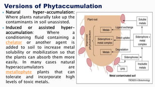  Natural hyper-accumulation:
Where plants naturally take up the
contaminants in soil unassisted.
 Induced or assisted hyper-
accumulation: Where a
conditioning fluid containing a
chelator or another agent is
added to soil to increase metal
solubility or mobilization so that
the plants can absorb them more
easily. In many cases natural
hyperaccumulators are
metallophyte plants that can
tolerate and incorporate high
levels of toxic metals.
 