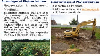 Advantages of Phytoextraction
 Phytoextraction is environmental
friendliness.
 Traditional methods that are used
for cleaning up heavy metal-
contaminated soil, disrupt soil
structure and reduce soil
productivity, whereas
phytoextraction can clean up the
soil without causing any kind of
harm to soil quality.
 Phytoextraction is less expensive
than any other clean-up process.
Disadvantages of Phytoextraction
 It is controlled by plants.
 It takes more time than anthropogenic
soil clean-up methods.
 