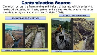 Contamination Source
Common sources are from mining and industrial wastes; vehicle emissions;
lead-acid batteries; fertilizers, paints and treated woods. Lead is the most
prevalent heavy metal contaminant (Di Maio, 2001),
 