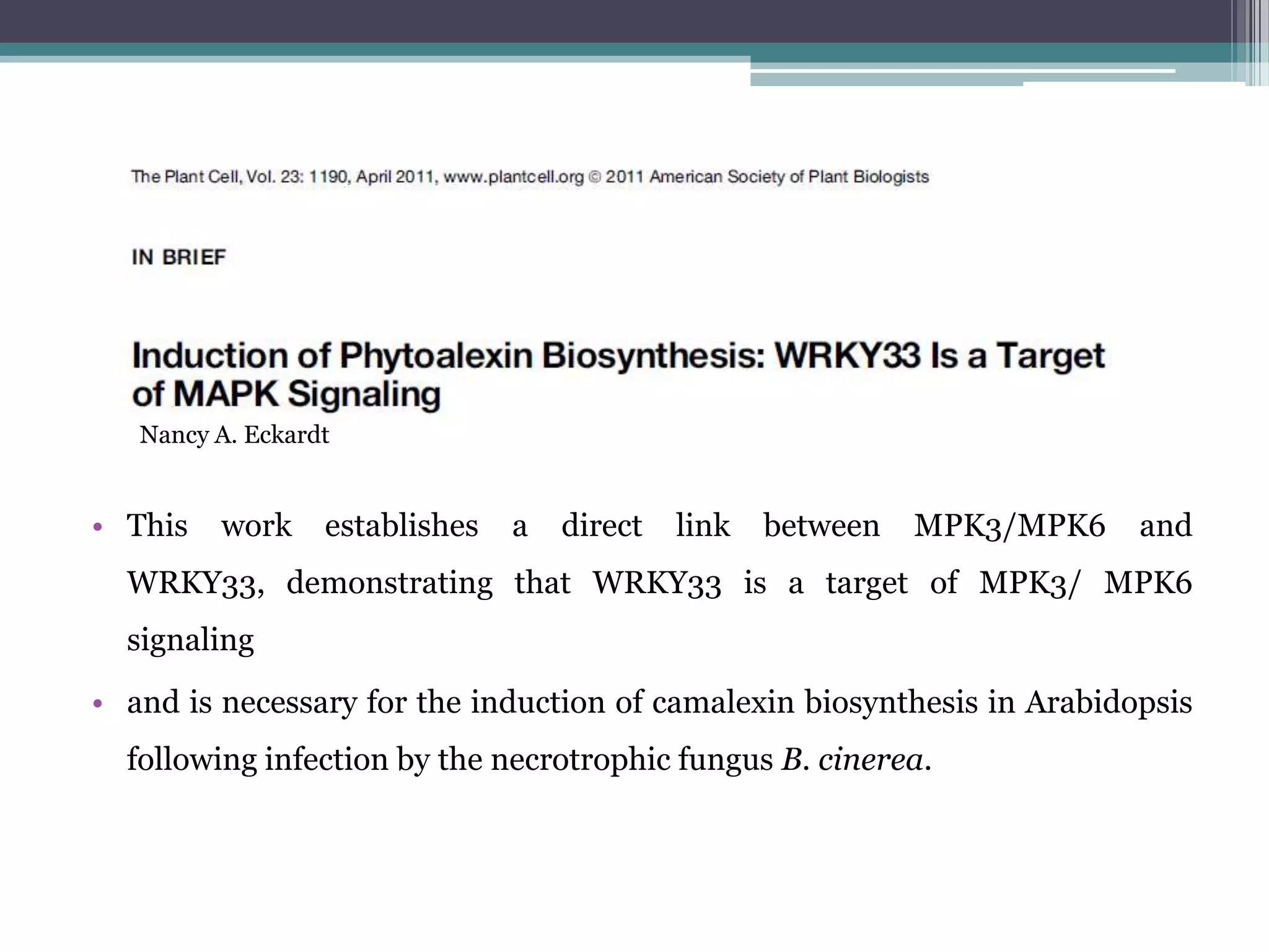 Nancy A. Eckardt


• This   work     establishes   a   direct   link   between   MPK3/MPK6   and
  WRKY33, demonstrating that WRKY33 is a target of MPK3/ MPK6
  signaling
• and is necessary for the induction of camalexin biosynthesis in Arabidopsis
  following infection by the necrotrophic fungus B. cinerea.
 