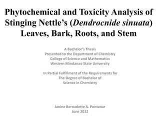 Phytochemical and Toxicity Analysis of
Stinging Nettle’s (Dendrocnide sinuata)
    Leaves, Bark, Roots, and Stem
                     A Bachelor’s Thesis
          Presented to the Department of Chemistry
             College of Science and Mathematics
             Western Mindanao State University

          In Partial Fulfillment of the Requirements for
                    The Degree of Bachelor of
                       Science in Chemistry




                 Janine Bernadette A. Pontanar
                           June 2012
 