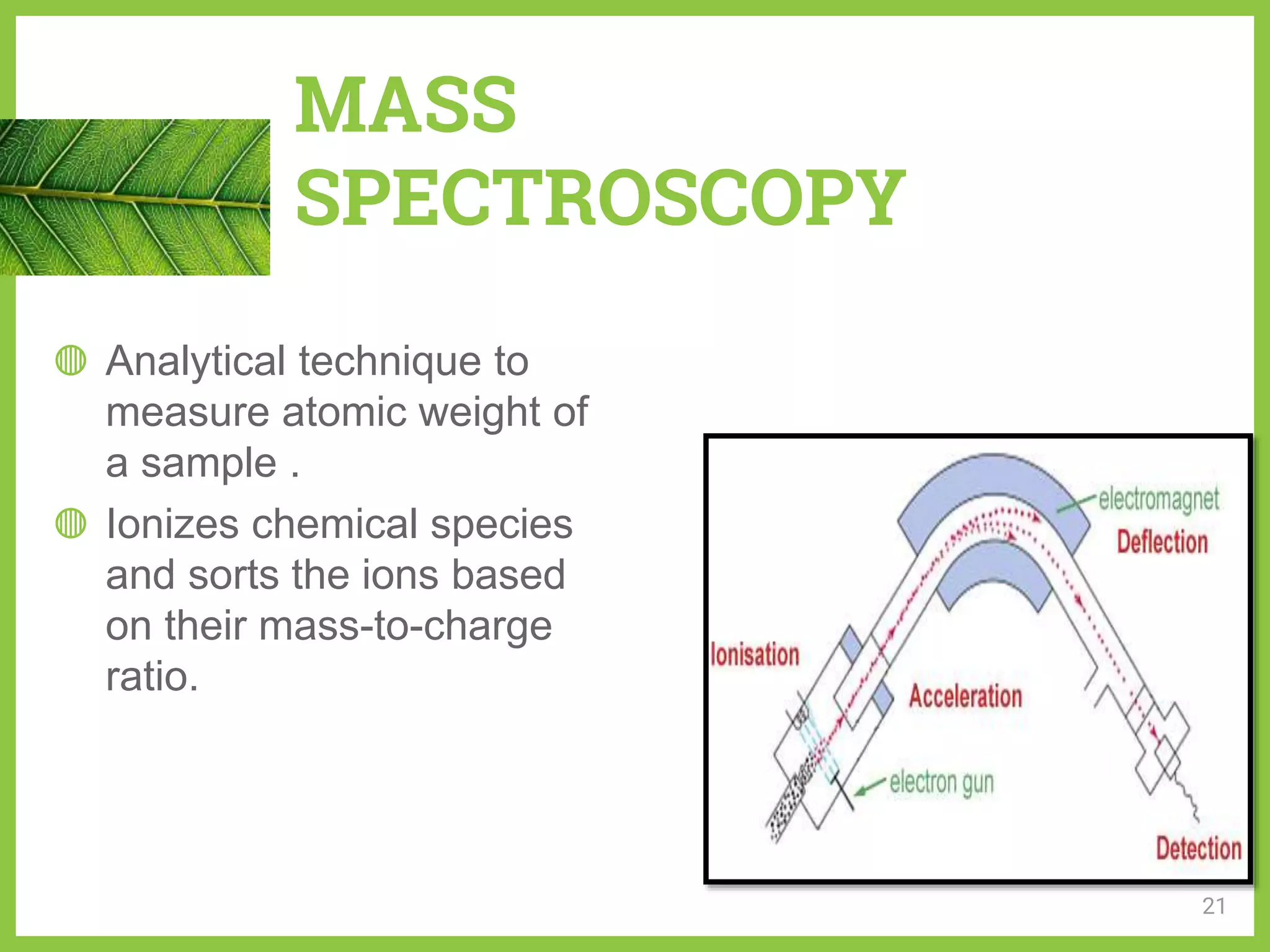 MASS
SPECTROSCOPY
◍ Analytical technique to
measure atomic weight of
a sample .
◍ Ionizes chemical species
and sorts the ions based
on their mass-to-charge
ratio.
21
 