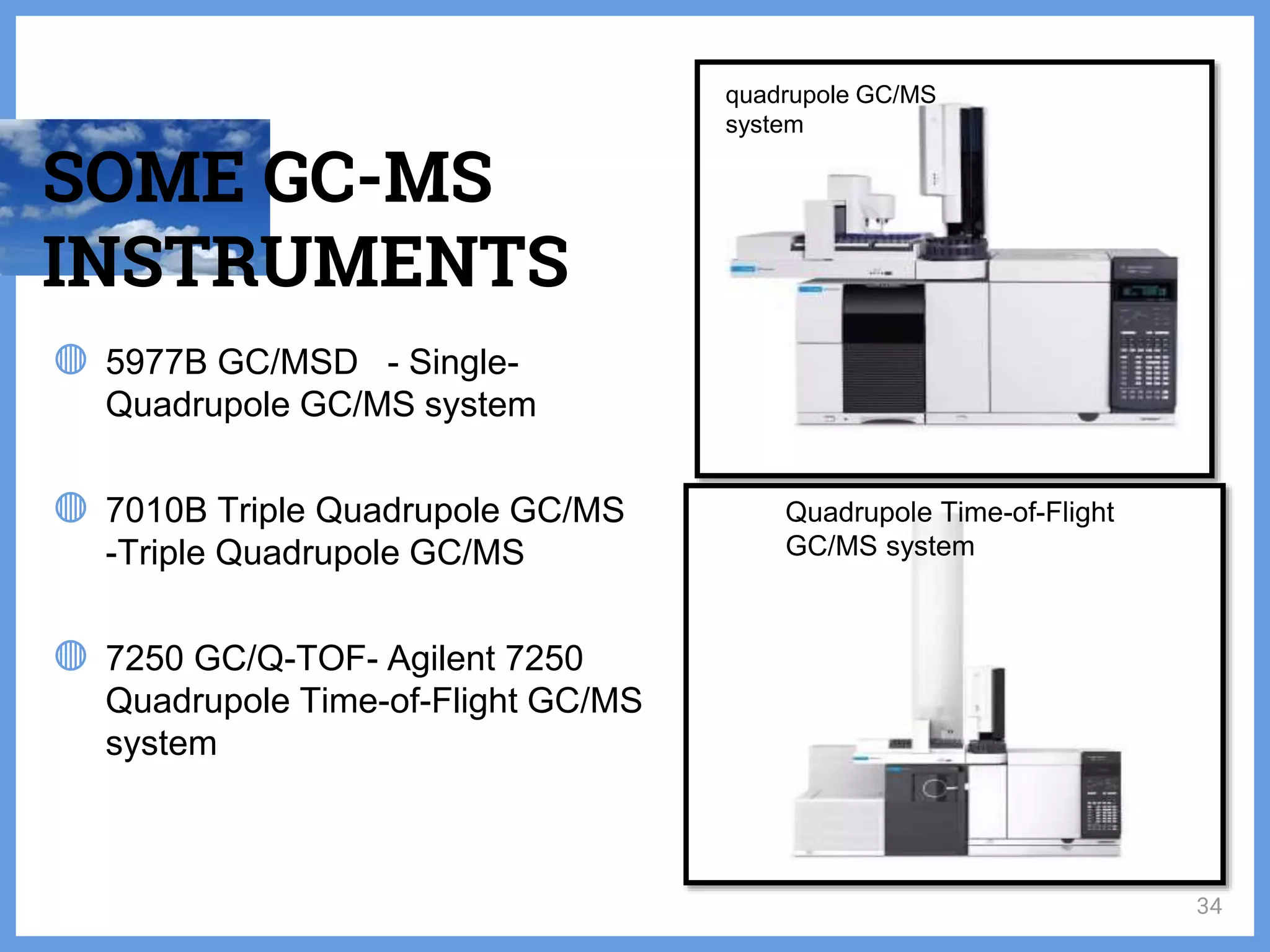 SOME GC-MS
INSTRUMENTS
◍ 5977B GC/MSD - Single-
Quadrupole GC/MS system
◍ 7010B Triple Quadrupole GC/MS
-Triple Quadrupole GC/MS
◍ 7250 GC/Q-TOF- Agilent 7250
Quadrupole Time-of-Flight GC/MS
system
34
quadrupole GC/MS
system
Quadrupole Time-of-Flight
GC/MS system
 