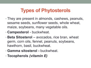 Types of Phytosterols 
• They are present in almonds, cashews, peanuts, 
sesame seeds, sunflower seeds, whole wheat, 
maize, soybeans, many vegetable oils. 
• Campesterol - buckwheat. 
• Beta Sitosterol – avocados, rice bran, wheat 
germ, corn oils, fennel, peanuts, soybeans, 
hawthorn, basil, buckwheat. 
• Gamma sitosterol - buckwheat. 
• Tocopherols (vitamin E) 
 