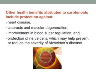 Other health benefits attributed to carotenoids 
include protection against: 
• heart disease, 
• cataracts and macular degeneration, 
• improvement in blood sugar regulation, and 
• protection of nerve cells, which may help prevent 
or reduce the severity of Alzheimer’s disease. 
 