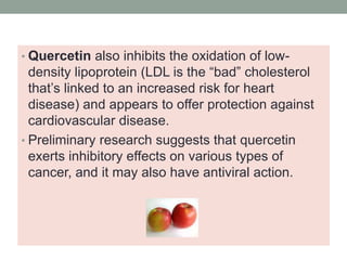 • Quercetin also inhibits the oxidation of low-density 
lipoprotein (LDL is the “bad” cholesterol 
that’s linked to an increased risk for heart 
disease) and appears to offer protection against 
cardiovascular disease. 
• Preliminary research suggests that quercetin 
exerts inhibitory effects on various types of 
cancer, and it may also have antiviral action. 
 