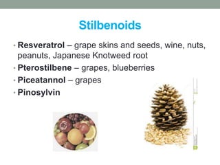 Stilbenoids 
• Resveratrol – grape skins and seeds, wine, nuts, 
peanuts, Japanese Knotweed root 
• Pterostilbene – grapes, blueberries 
• Piceatannol – grapes 
• Pinosylvin 
 