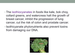 • The isothiocyanates in foods like kale, bok choy, 
collard greens, and watercress halt the growth of 
breast cancer, inhibit the progression of lung 
cancer, cut the risk of colon and prostate cancer. 
• Isothicyanate phytonutrients also prevent toxins 
from damaging our DNA. 
 