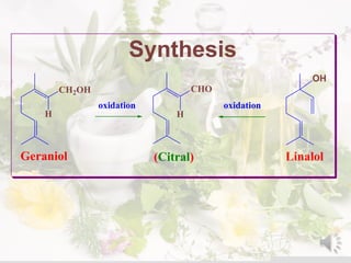 CHO
H
(Citral)Geraniol
Synthesis
CH2OH
H
oxidation oxidation
Linalol
OH
 