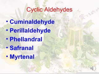 Cyclic Aldehydes
• Cuminaldehyde
• Perillaldehyde
• Phellandral
• Safranal
• Myrtenal
 