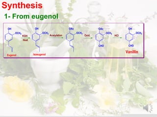 Synthesis
1- From eugenol
OH
OCH3
OH
OCH3
OAc
OCH3
CHO
OAc
OCH3
CHO
OH
OCH3
KOH HClAcetylation Oxid.
Heat
Eugenol Isoeugenol
Vanillin
 