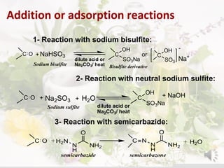 1- Reaction with sodium bisulfite:
C O NaHSO3 C
OH
SO3Na
C
OH
SO3 Na++
-
or
dilute acid or
Na2CO3/ heatSodium bisulfite Bisulfite derivative
2- Reaction with neutral sodium sulfite:
C O Na2SO3 H2O C
OH
SO3Na
+ + + NaOH
Sodium sulfite dilute acid or
Na2CO3/ heat
3- Reaction with semicarbazide:
C O
N
H
H2N
O
NH2 N
H
N
O
NH2
C H2O+
semicarbazide semicarbazone
+
Addition or adsorption reactions
 