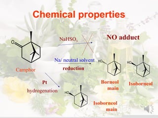 Chemical properties
O
NaHSO3
NO adduct
Na/ neutral solvent
reduction
HO HO
Borneol
main
IsoborneolPt
hydrogenation
Isoborneol
main
Camphor
HO
 