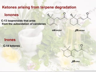 Ketones arising from terpene degradation
Ionones O
β-Ionone
O
α-Ionone
C-13 isoprenoids that arise
from the autoxidation of carotenes
Irones
O
β-Irone
C-14 ketones
 
