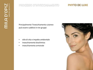 Principalmente l’invecchiamento cutaneo
può essere suddivisi in tre gruppi:




•   stile di vita e impatto ambientale
•   invecchiamento biochimico
•   invecchiamento ormonale
 