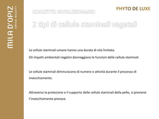 Le cellule staminali umane hanno una durata di vita limitata.

Gli impatti ambientali negativi danneggiano le funzioni delle cellule staminali.



Le cellule staminali diminuiscono di numero e attività durante il processo di
invecchiamento.



Attraverso la protezione e il supporto delle cellule staminali della pelle, si previene
l’invecchiamento precoce.
 