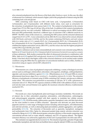 Crystals 2020, 10, 800 19 of 35
who extracted polyphenols from the ﬂowers of the black elder (Sambucus nigra). In this case, the eﬀect
of ultrasound was conﬁrmed, which ensured a higher yield of the polyphenols of interest using the DES
containing lactic acid and glycine.
DESs containing water based on ChCl with lactic acid, 1,3-propanediol, 1,3-butanediol,
1,4-butanediol, and 1,5-pentanediol, with diﬀerent molar ratios, were used as extractants for
the extraction of polyphenols from spruce bark [120]. The content of polyphenols in the extracts
ranged from 177.6 to 596.2 mg of GAE per 100 g of dry bark. In addition to the content of polyphenols,
antioxidant activity was also evaluated. Diﬀerences in radical scavenging activity (RSA) indicate
that each DES preferentially dissolved a diﬀerent type of extractant with a diﬀerent reactivity to
DPPH•. The RSA values of the extracts (i.e., containing the DES system and the extracted substances)
ranged from 81.4% to 95%. Lower antioxidant activity (RSA 86.4%) was observed for extracts obtained
with ChCl:lactic acid:water (1:2:0.96), and for the system containing ChCl:lactic acid and various
diols in a molar ratio of 1:1:1, namely 82.4% for 1,3-propanediol; 84.2% for 1,3-butanediol; 85.4%
for 1,4-butanediol; 81.4% for 1,5-pentanediol. ChCl:lactic acid:1,3-butanediol:water extracts (1:5:1:1)
exhibited the highest antioxidant activity (RSA 95%), and this extract also had the highest polyphenol
content (596.2 mg GAE/100 g dry bark).
Bioactive substances such as trans-cinnamaldehyde and coumarin were extracted using DESs by
Sakti et al. [85] and Aryati et al. [84]. Cinnamon bark (Cinnamomum burmannii) was used as a source
of these substances. Both studies examined the eﬀect of ultrasound extraction in combination with
DESs. Sakti et al. [85] applied ChCl and glycerol; Aryati et al. [84] ChCl (six kinds) and betaine (three
kinds). It has been shown that higher yields of the extracted substances can be reached under suitable
conditions using the DESs than by application of conventional methods such as reﬂux, Soxhlet, or
maceration using an organic solvent (96% ethanol) [84].
7.2. Phlorotannins
Phlorotannins are a class of polyphenol compounds exhibiting a variety of biological activities,
and are used as antifungal, antimicrobial, antioxidant, anticoagulant, antiallergic, antihyperlipidemic,
algicidal, and enzyme-inhibitory agents [124–126]. Obluchinskaya et al. [98] used DESs to extract
phlorotannin from brown algae (Fucus vesculosus L., Ascophyllum nodosum (L.) Le Jolis). The extraction
eﬃciency of polyphenols is evaluated using 10 DESs containing ChCl, betaine, and glucose in diﬀerent
molar ratios. The extraction was performed as maceration at 120 min, 50 ◦C with a phytomass to
extractant ratio of 1:5. When 50–70% aqueous solutions of DESs (ChCl with addition of lactic or malic
acid and also malic acid and betaine) were applied, the maximum extraction eﬃciency of phlorotannin
reached 60–72%.
7.3. Flavonoids
Flavonoids are a class of polyphenolic plant and fungus secondary metabolites. Flavonoids are
of interest due to their antioxidant properties antioxidative, anti-inflammatory, antimutagenic,
and anticarcinogenic properties coupled with their capacity to modulate key cellular enzyme
functions [127,128]. Of all flavonoids, anthocyanins, quercetin, kaempferol, rutin, and their derivatives
are the most studied in terms of DESs extraction. Quercetin and derivates are plant flavonoid
pigments and have a wide range of biological actions including anticarcinogenic, anti-inflammatory,
and antiviral activities, as well as attenuating lipid peroxidation, platelet aggregation, and capillary
permeability [129,130]. The extraction of flavonoids such as quercetin, kaempferol, naringenin,
and isorhamnetin from Pollen Typhae by ultrasound-assisted deep eutectic solvents extraction was
realized by Meng et al. [105]. DESs showed greater extraction efficiency of flavonoids comparing with
conventional solvents such as water, ethanol, methanol, and 75% of aqueous ethanol. The highest
extraction efficiency was achieved by application of ChCl and 1,2-propanediol (1:4) with water (30%).
ThisconclusionwassupportedalsobyCuietal.[104]. Theextractionofquercetin,quercetin-3-O-glucoside,
isorhamnetin, kaempferol, and rutin from sea buckthorn leaves using the selected 12 DESs was more efficient
 