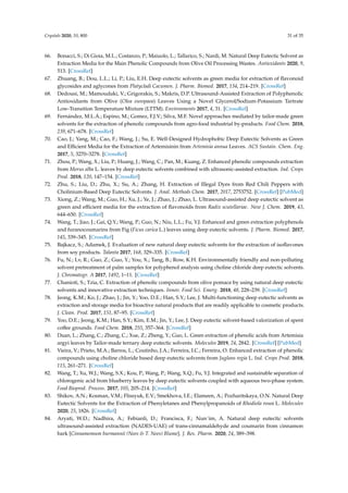 Crystals 2020, 10, 800 31 of 35
66. Bonacci, S.; Di Gioia, M.L.; Costanzo, P.; Maiuolo, L.; Tallarico, S.; Nardi, M. Natural Deep Eutectic Solvent as
Extraction Media for the Main Phenolic Compounds from Olive Oil Processing Wastes. Antioxidants 2020, 9,
513. [CrossRef]
67. Zhuang, B.; Dou, L.L.; Li, P.; Liu, E.H. Deep eutectic solvents as green media for extraction of ﬂavonoid
glycosides and aglycones from Platycladi Cacumen. J. Pharm. Biomed. 2017, 134, 214–219. [CrossRef]
68. Dedousi, M.; Mamoudaki, V.; Grigorakis, S.; Makris, D.P. Ultrasound-Assisted Extraction of Polyphenolic
Antioxidants from Olive (Olea europaea) Leaves Using a Novel Glycerol/Sodium-Potassium Tartrate
Low-Transition Temperature Mixture (LTTM). Environments 2017, 4, 31. [CrossRef]
69. Fernández, M.L.Á.; Espino, M.; Gomez, F.J.V.; Silva, M.F. Novel approaches mediated by tailor-made green
solvents for the extraction of phenolic compounds from agro-food industrial by-products. Food Chem. 2018,
239, 671–678. [CrossRef]
70. Cao, J.; Yang, M.; Cao, F.; Wang, J.; Su, E. Well-Designed Hydrophobic Deep Eutectic Solvents as Green
and Eﬃcient Media for the Extraction of Artemisinin from Artemisia annua Leaves. ACS Sustain. Chem. Eng.
2017, 5, 3270–3278. [CrossRef]
71. Zhou, P.; Wang, X.; Liu, P.; Huang, J.; Wang, C.; Pan, M.; Kuang, Z. Enhanced phenolic compounds extraction
from Morus alba L. leaves by deep eutectic solvents combined with ultrasonic-assisted extraction. Ind. Crops
Prod. 2018, 120, 147–154. [CrossRef]
72. Zhu, S.; Liu, D.; Zhu, X.; Su, A.; Zhang, H. Extraction of Illegal Dyes from Red Chili Peppers with
Cholinium-Based Deep Eutectic Solvents. J. Anal. Methods Chem. 2017, 2017, 2753752. [CrossRef] [PubMed]
73. Xiong, Z.; Wang, M.; Guo, H.; Xu, J.; Ye, J.; Zhao, J.; Zhao, L. Ultrasound-assisted deep eutectic solvent as
green and eﬃcient media for the extraction of ﬂavonoids from Radix scutellariae. New J. Chem. 2019, 43,
644–650. [CrossRef]
74. Wang, T.; Jiao, J.; Gai, Q.Y.; Wang, P.; Guo, N.; Niu, L.L.; Fu, Y.J. Enhanced and green extraction polyphenols
and furanocoumarins from Fig (Ficus carica L.) leaves using deep eutectic solvents. J. Pharm. Biomed. 2017,
145, 339–345. [CrossRef]
75. Bajkacz, S.; Adamek, J. Evaluation of new natural deep eutectic solvents for the extraction of isoﬂavones
from soy products. Talanta 2017, 168, 329–335. [CrossRef]
76. Fu, N.; Lv, R.; Guo, Z.; Guo, Y.; You, X.; Tang, B.; Row, K.H. Environmentally friendly and non-polluting
solvent pretreatment of palm samples for polyphenol analysis using choline chloride deep eutectic solvents.
J. Chromatogr. A 2017, 1492, 1–11. [CrossRef]
77. Chanioti, S.; Tzia, C. Extraction of phenolic compounds from olive pomace by using natural deep eutectic
solvents and innovative extraction techniques. Innov. Food Sci. Emerg. 2018, 48, 228–239. [CrossRef]
78. Jeong, K.M.; Ko, J.; Zhao, J.; Jin, Y.; Yoo, D.E.; Han, S.Y.; Lee, J. Multi-functioning deep eutectic solvents as
extraction and storage media for bioactive natural products that are readily applicable to cosmetic products.
J. Clean. Prod. 2017, 151, 87–95. [CrossRef]
79. Yoo, D.E.; Jeong, K.M.; Han, S.Y.; Kim, E.M.; Jin, Y.; Lee, J. Deep eutectic solvent-based valorization of spent
coﬀee grounds. Food Chem. 2018, 255, 357–364. [CrossRef]
80. Duan, L.; Zhang, C.; Zhang, C.; Xue, Z.; Zheng, Y.; Guo, L. Green extraction of phenolic acids from Artemisia
argyi leaves by Tailor-made ternary deep eutectic solvents. Molecules 2019, 24, 2842. [CrossRef] [PubMed]
81. Vieira, V.; Prieto, M.A.; Barros, L.; Coutinho, J.A.; Ferreira, I.C.; Ferreira, O. Enhanced extraction of phenolic
compounds using choline chloride based deep eutectic solvents from Juglans regia L. Ind. Crops Prod. 2018,
115, 261–271. [CrossRef]
82. Wang, T.; Xu, W.J.; Wang, S.X.; Kou, P.; Wang, P.; Wang, X.Q.; Fu, Y.J. Integrated and sustainable separation of
chlorogenic acid from blueberry leaves by deep eutectic solvents coupled with aqueous two-phase system.
Food Bioprod. Process. 2017, 105, 205–214. [CrossRef]
83. Shikov, A.N.; Kosman, V.M.; Flissyuk, E.V.; Smekhova, I.E.; Elameen, A.; Pozharitskaya, O.N. Natural Deep
Eutectic Solvents for the Extraction of Phenyletanes and Phenylpropanoids of Rhodiola rosea L. Molecules
2020, 25, 1826. [CrossRef]
84. Aryati, W.D.; Nadhira, A.; Febianli, D.; Francisca, F.; Nun´im, A. Natural deep eutectic solvents
ultrasound-assisted extraction (NADES-UAE) of trans-cinnamaldehyde and coumarin from cinnamon
bark [Cinnamomum burmannii (Nees & T. Nees) Blume]. J. Res. Pharm. 2020, 24, 389–398.
 