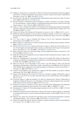 Crystals 2020, 10, 800 34 of 35
123. Philippi, K.; Tsamandouras, N.; Grigorakis, S.; Makris, D.P. Ultrasound-assisted green extraction of eggplant
peel (Solanum melongena) polyphenols using aqueous mixtures of glycerol and ethanol: Optimisation
and kinetics. Environ. Proc. 2016, 3, 369–386. [CrossRef]
124. Eom, S.H.; Kim, Y.M.; Kim, S.K. Antimicrobial eﬀect of phlorotannins from marine brown algae. Food Chem.
Toxicol. 2012, 50, 3251–3255. [CrossRef] [PubMed]
125. Kawamura-Konishi, Y.; Watanabe, N.; Saito, M.; Nakajima, N.; Sakaki, T.; Katayama, T.; Enomoto, T. Isolation
of a new phlorotannin, a potent inhibitor of carbohydrate-hydrolyzing enzymes, from the brown alga
Sargassum patens. J. Agric. Food Chem. 2012, 60, 5565–5570. [CrossRef]
126. Lopes, G.; Pinto, E.; Andrade, P.B.; Valentao, P. Antifungal activity of phlorotannins against dermatophytes
and yeasts: Approaches to the mechanism of action and inﬂuence on Candida albicans virulence factor. PLoS
ONE 2013, 8, e72203. [CrossRef]
127. Panche, A.N.; Diwan, A.D.; Chandra, R.S. Flavonoids: An overview. J. Nutr. Sci. 2016, 5, e47. [CrossRef]
128. Rashid, M.; Fareed, M.; Rashid, H.; Aziz, H.; Ehsan, N.; Khalid, S.; Ghaﬀar, I.; Ali, R.; Gul, A.; Hakeem, K.
Flavonoids and Their Biological Secrets: Phytochemistry and Molecular Aspects. Plant Hum. Health 2019, 2,
579–605.
129. Li, Y.; Yao, J.; Han, C.; Yang, J.; Chaudhry, M.T.; Wang, S.; Liu, H.; Yin, Y. Quercetin, inﬂammation
and immunity. Nutrients 2016, 8, 167. [CrossRef]
130. Mlcek, J.; Jurikova, T.; Skrovankova, S.; Sochor, J. Quercetin and its anti-allergic immune response. Molecules
2016, 21, 623. [CrossRef] [PubMed]
131. Shindel, A.W.; Chen, Z.C.; Lin, G.; Fandel, T.M.; Huang, Y.C.; Banie, L.; Breyer, B.N.; Garcia, M.M.; Lin, C.S.;
Lue, T.F. Erectogenic and neurotrophic eﬀects of icariin, a puriﬁed extract of horny goat weed (Epimedium
spp.) in vitro and in vivo. J. Sex. Med. 2010, 7, 1518–1528. [CrossRef] [PubMed]
132. Jiang, J.; Zhao, B.J.; Song, J.; Jia, X.B. Pharmacology and clinical application of plants in Epimedium L. Chin.
Herb. Med. 2016, 8, 12–23. [CrossRef]
133. Jadeja, R.N.; Devkar, R.V. Polyphenols in chronic diseases and their mechanisms of action. Polyphen. Hum.
Health Dis. 2014, 1, 615–623.
134. Meotti, F.C.; Senthilmohan, R.; Harwood, D.T.; Missau, F.C.; Pizzolatti, M.G.; Kettle, A.J. Myricitrin as
a substrate and inhibitor of myeloperoxidase: Implications for the pharmacological eﬀects of ﬂavonoids.
Free Radic. Biol. Med. 2008, 44, 109–120. [CrossRef]
135. Shan, C.X.; Guo, S.C.; Yu, S.; Shan, M.Q.; Li, S.F.Y.; Chai, C.; Cui, X.B.; Zhang, L.; Ding, A.W.; Wu, Q.N.
Simultaneous Determination of Quercitrin, Afzelin, Amentoﬂavone, Hinokiﬂavone in Rat Plasma by
UFLC–MS-MS and Its Application to the Pharmacokinetics of Platycladus orientalis Leaves Extract. J.
Chromatogr. Sci. 2018, 56, 895–902. [CrossRef]
136. Anand, P.; Kunnumakkara, A.B.; Newman, R.A.; Aggarwal, B.B. Bioavailability of curcumin: Problems
and promises. Mol. Pharm. 2007, 4, 807–818. [CrossRef]
137. Yeung, A.W.K.; Horba´nczuk, M.; Tzvetkov, N.T.; Mocan, A.; Carradori, S.; Maggi, F.; Marchewka, J.; Sut, S.;
Dall’Acqua, S.; Gan, R.Y.; et al. Curcumin: Total-scale analysis of the scientiﬁc literature. Molecules 2019, 24,
1393. [CrossRef]
138. Naveed, M.; Hejazi, V.; Abbas, M.; Kamboh, A.A.; Khan, G.J.; Shumzaid, M.; Ahmad, F.; Babazadeh, D.;
FangFang, X.; Modarresi-Ghazani, F.; et al. Chlorogenic acid (CGA): A pharmacological review and call for
further research. Biomed. Pharmacother. 2018, 97, 67–74. [CrossRef]
139. Tamayose, C.I.; Santos, E.A.; Roque, N.; Costa-Lotufo, L.V.; Ferreira, M.J.P. Caﬀeoylquinic acids: Separation
method, antiradical properties and cytotoxicity. Chem. Biodivers. 2019, 16, e1900093. [CrossRef]
140. Ganeshpurkar, A.; Saluja, A.K. The pharmacological potential of rutin. Saudi Pharm. J. 2017, 25, 149–164.
[CrossRef] [PubMed]
141. Hajialyani, M.; Hosein Farzaei, M.; Echeverría, J.; Nabavi, S.M.; Uriarte, E.; Sobarzo-Sánchez, E. Hesperidin
as a neuroprotective agent: A review of animal and clinical evidence. Molecules 2019, 24, 648. [CrossRef]
[PubMed]
142. Wilmsen, P.K.; Spada, D.S.; Salvador, M. Antioxidant activity of the ﬂavonoid hesperidin in chemical
and biological systems. J. Agric. Food Chem. 2005, 53, 4757–4761. [CrossRef] [PubMed]
143. Paduch, R.; Kandefer-Szersze´n, M.; Trytek, M.; Fiedurek, J. Terpenes: Substances useful in human healthcare.
Arch. Immunol. Ther. Exp. 2007, 55, 315. [CrossRef]
 