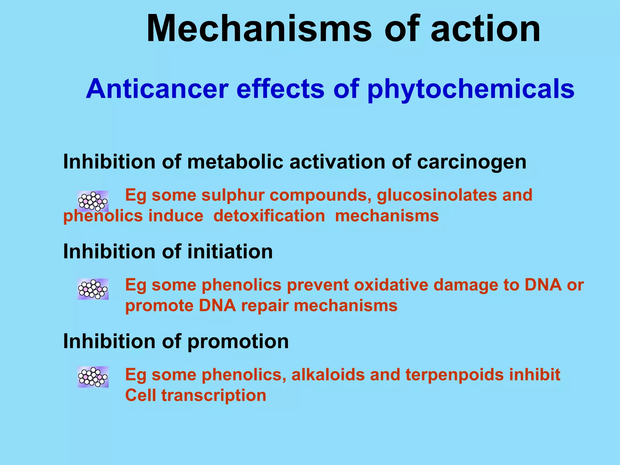 Mechanisms of action Anticancer effects of phytochemicals Inhibition of metabolic activation of carcinogen Eg some sulphur compounds, glucosinolates and  phenolics induce  detoxification  mechanisms Inhibition of initiation Eg some phenolics prevent oxidative damage to DNA or  promote DNA repair mechanisms Inhibition of promotion Eg some phenolics, alkaloids and terpenpoids inhibit  Cell transcription  