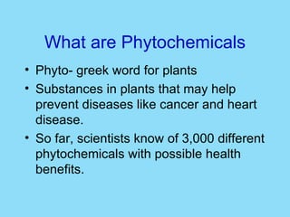 What are Phytochemicals Phyto- greek word for plants Substances in plants that may help prevent diseases like cancer and heart disease.  So far, scientists know of 3,000 different phytochemicals with possible health benefits. 