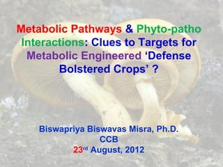 Metabolic Pathways & Phyto-patho
 Interactions: Clues to Targets for
  Metabolic Engineered ‘Defense
        Bolstered Crops’ ?




    Biswapriya Biswavas Misra, Ph.D.
                  CCB
           23rd August, 2012
 