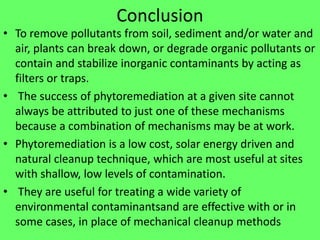Conclusion
• To remove pollutants from soil, sediment and/or water and
air, plants can break down, or degrade organic pollutants or
contain and stabilize inorganic contaminants by acting as
filters or traps.
• The success of phytoremediation at a given site cannot
always be attributed to just one of these mechanisms
because a combination of mechanisms may be at work.
• Phytoremediation is a low cost, solar energy driven and
natural cleanup technique, which are most useful at sites
with shallow, low levels of contamination.
• They are useful for treating a wide variety of
environmental contaminantsand are effective with or in
some cases, in place of mechanical cleanup methods
 