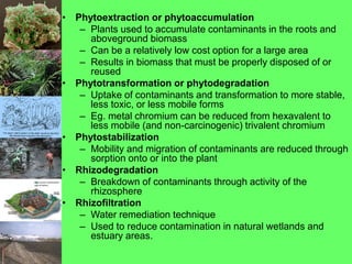 • Phytoextraction or phytoaccumulation
– Plants used to accumulate contaminants in the roots and
aboveground biomass
– Can be a relatively low cost option for a large area
– Results in biomass that must be properly disposed of or
reused
• Phytotransformation or phytodegradation
– Uptake of contaminants and transformation to more stable,
less toxic, or less mobile forms
– Eg. metal chromium can be reduced from hexavalent to
less mobile (and non-carcinogenic) trivalent chromium
• Phytostabilization
– Mobility and migration of contaminants are reduced through
sorption onto or into the plant
• Rhizodegradation
– Breakdown of contaminants through activity of the
rhizosphere
• Rhizofiltration
– Water remediation technique
– Used to reduce contamination in natural wetlands and
estuary areas.
 