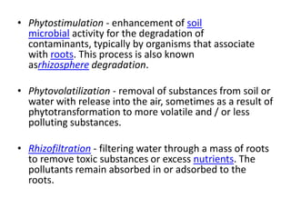• Phytostimulation - enhancement of soil
  microbial activity for the degradation of
  contaminants, typically by organisms that associate
  with roots. This process is also known
  asrhizosphere degradation.

• Phytovolatilization - removal of substances from soil or
  water with release into the air, sometimes as a result of
  phytotransformation to more volatile and / or less
  polluting substances.

• Rhizofiltration - filtering water through a mass of roots
  to remove toxic substances or excess nutrients. The
  pollutants remain absorbed in or adsorbed to the
  roots.
 