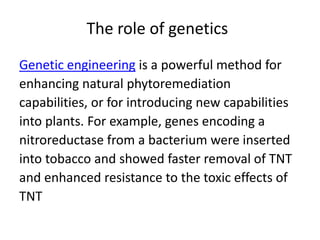 The role of genetics
Genetic engineering is a powerful method for
enhancing natural phytoremediation
capabilities, or for introducing new capabilities
into plants. For example, genes encoding a
nitroreductase from a bacterium were inserted
into tobacco and showed faster removal of TNT
and enhanced resistance to the toxic effects of
TNT
 