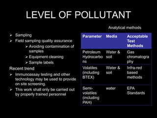 LEVEL OF POLLUTANT
 Sampling
 Field sampling quality assurance
 Avoiding contamination of
samples
 Equipment cleaning
 Sample labels
Recent trend
 Immunoassay testing and other
technology may be used to provide
on site screening.
 This work shall only be carried out
by properly trained personnel
Parameter Media Acceptable
Test
Methods
Petroleum
Hydrocarbo
ns
Water &
soil
Gas
chromatogra
phy
Volatiles
(including
BTEX)
Water &
soil
Infra-red
based
methods
Semi-
volatiles
(including
PAH)
water EPA
Standards
Analytical methods
 