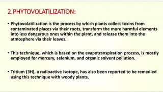 2.PHYTOVOLATILIZATION:
• Phytovolatilization is the process by which plants collect toxins from
contaminated places via their roots, transform the more harmful elements
into less dangerous ones within the plant, and release them into the
atmosphere via their leaves.
• This technique, which is based on the evapotranspiration process, is mostly
employed for mercury, selenium, and organic solvent pollution.
• Tritium (3H), a radioactive isotope, has also been reported to be remedied
using this technique with woody plants.
 