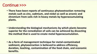 Continue >>>
• There have been reports of continuous phytoextraction removing
metals such as zinc, cadmium, and nickel as well as arsenic and
chromium from soils rich in heavy metals by hyperaccumulating
plants.
• Understanding the biological mechanisms by which plants become
superior for the remediation of soils can be achieved by dissecting
the method that is used to create metal hyperaccumulation.
• As a form of management technique for metal-contaminated
sediment, phytoextraction is believed to address efficiency,
duration, leaching, contamination of the food chain, and economic
benefits.
 