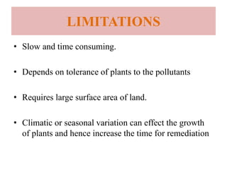 LIMITATIONS
• Slow and time consuming.
• Depends on tolerance of plants to the pollutants
• Requires large surface area of land.
• Climatic or seasonal variation can effect the growth
of plants and hence increase the time for remediation
 