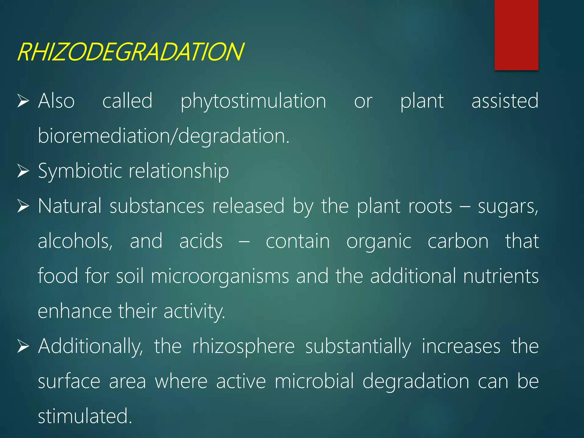 RHIZODEGRADATION
 Also called phytostimulation or plant assisted
bioremediation/degradation.
 Symbiotic relationship
 Natural substances released by the plant roots – sugars,
alcohols, and acids – contain organic carbon that
food for soil microorganisms and the additional nutrients
enhance their activity.
 Additionally, the rhizosphere substantially increases the
surface area where active microbial degradation can be
stimulated.
 