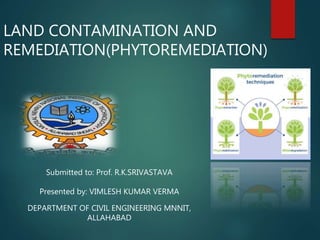LAND CONTAMINATION AND
REMEDIATION(PHYTOREMEDIATION)
Submitted to: Prof. R.K.SRIVASTAVA
Presented by: VIMLESH KUMAR VERMA
DEPARTMENT OF CIVIL ENGINEERING MNNIT,
ALLAHABAD
 
