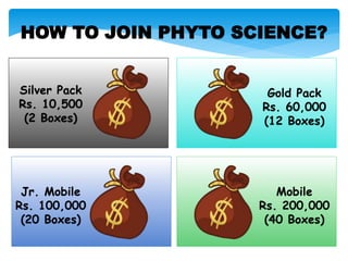 Silver Pack
Rs. 10,500
(2 Boxes)
Jr. Mobile
Rs. 100,000
(20 Boxes)
Gold Pack
Rs. 60,000
(12 Boxes)
Mobile
Rs. 200,000
(40 Boxes)
HOW TO JOIN PHYTO SCIENCE?
 