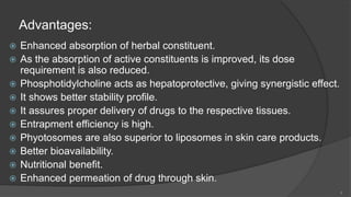 Advantages:
 Enhanced absorption of herbal constituent.
 As the absorption of active constituents is improved, its dose
requirement is also reduced.
 Phosphotidylcholine acts as hepatoprotective, giving synergistic effect.
 It shows better stability profile.
 It assures proper delivery of drugs to the respective tissues.
 Entrapment efficiency is high.
 Phyotosomes are also superior to liposomes in skin care products.
 Better bioavailability.
 Nutritional benefit.
 Enhanced permeation of drug through skin.
9
 