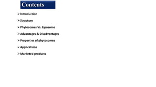 Introduction
Structure
Phytosomes Vs. Liposome
Advantages & Disadvantages
Properties of phytosomes
Applications
Marketed products
Contents
 